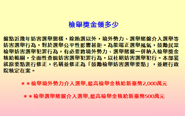 檢舉賄選領獎金最2000萬元