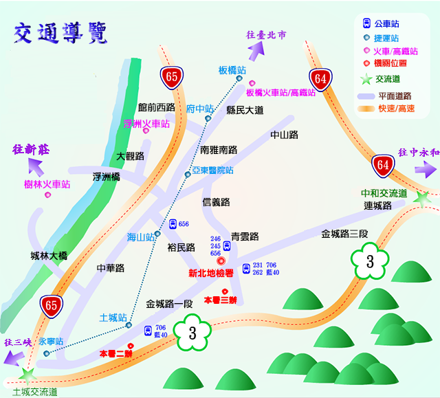 臺灣新北地方檢察署交通導覽,包含一般道路路名、公車站、捷運站及火車高鐡的位置標示